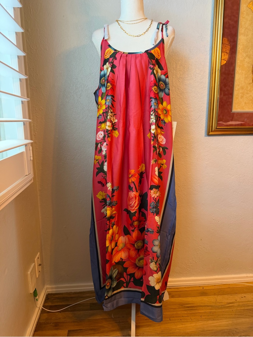 32- NWT Aratta Silent Journey Boho Rose Floral Maxi Dress with Blue Trim Medium